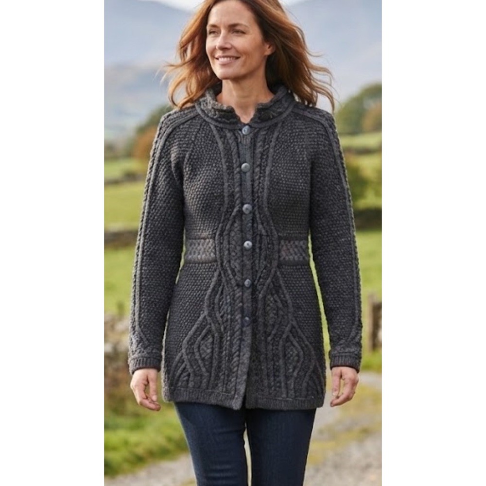Inis Crafts Sweater Cardigan Womens L Gray Merino Wool Fisherman Cable Knit 3D